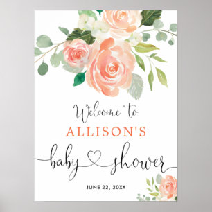 Peach greenery floral baby shower welcome sign