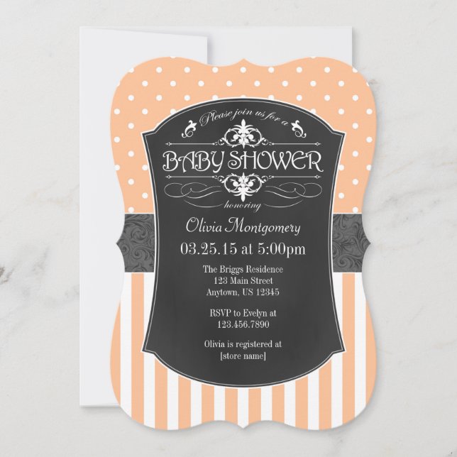 Peach Grey Chalkboard Stripes Baby Shower Invite (Front)