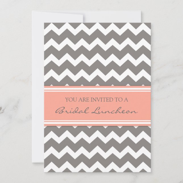 Peach Grey Chevron Bridal Lunch Invitation Cards (Front)