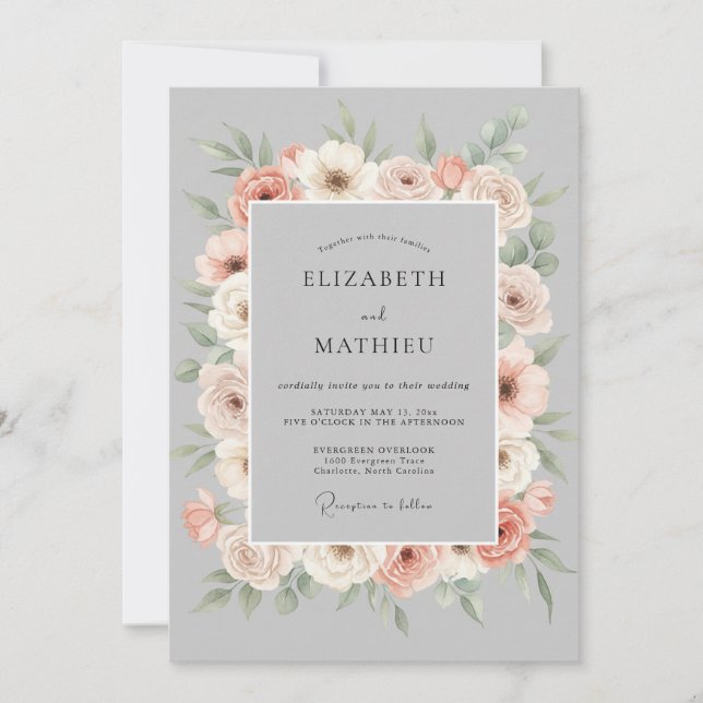 Peach Grey Floral Romance Wedding Invitation (Front)