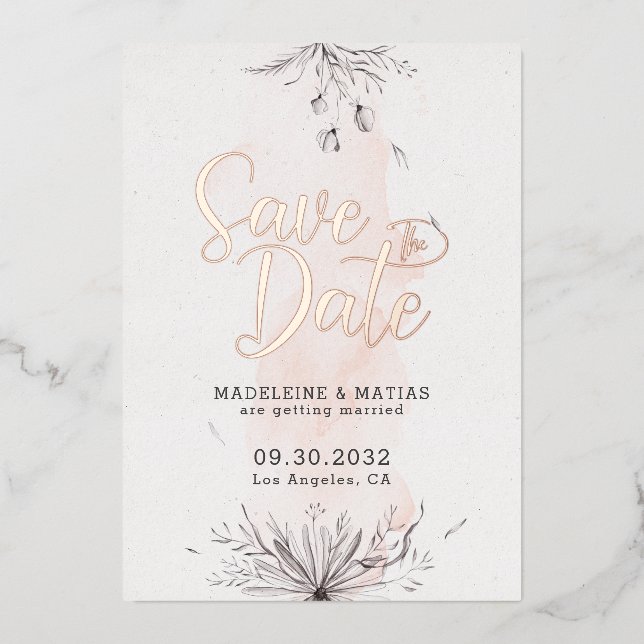 Peach & grey floral romantic wedding save the date (Front)