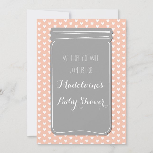 Peach Grey Hearts Mason Jar Baby Shower Invitation (Front)