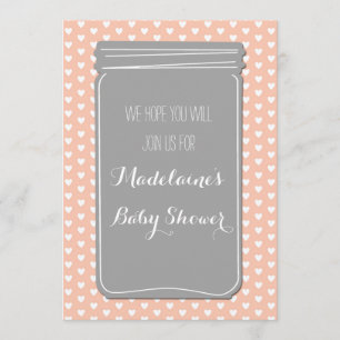 Peach Grey Hearts Mason Jar Baby Shower Invitation