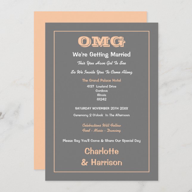Peach Grey Informal Funny Wedding Invitation (Front/Back)
