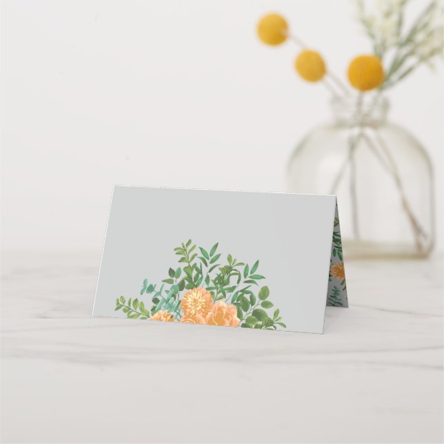 Peach & Grey Peony & Rose Floral Wedding Place Card (Front)