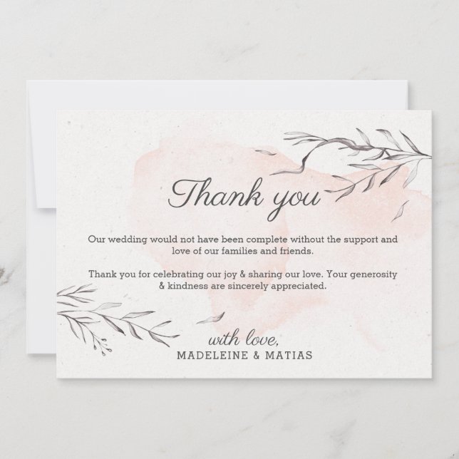 Peach & grey romantic floral elegant wedding thank you card (Front)