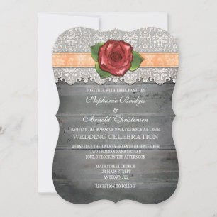 Peach Grey Rustic Wood Rose Wedding Invite