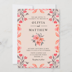 Peach Grey Watercolor Botanical Wedding Invitation