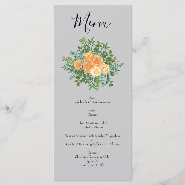 Peach Grey Wedding Spring Floral Menu (Front)