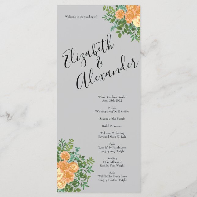 Peach Grey Wedding Spring Floral Menu (Front)