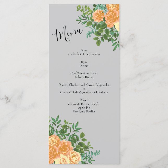 Peach Grey Wedding Spring Floral Menu (Front)
