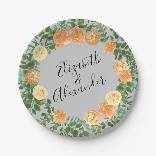 Peach Grey Wedding Spring Floral Paper Plate (Front)