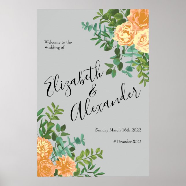 Peach Grey Wedding Spring Floral Poster (Front)