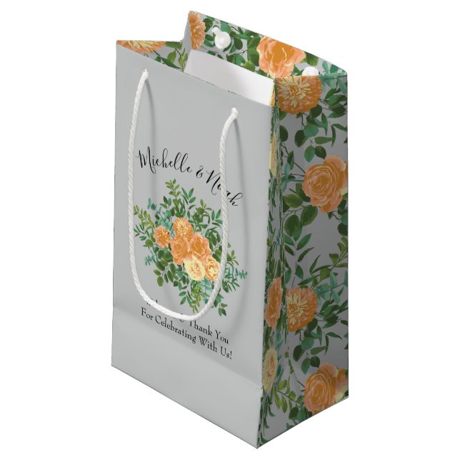 Peach Grey Wedding Spring Floral Small Gift Bag (Front Angled)