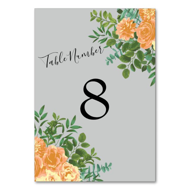 Peach Grey Wedding Spring Floral Table Number (Back)