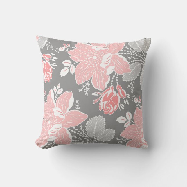 Peach Grey White Floral Decorative Pillow (Front)