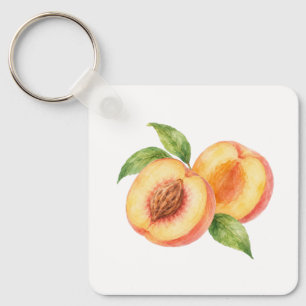 Peach Halves with Green Leaves Key Ring