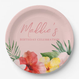 Peach Hawaiian Floral Birthday Paper Plate