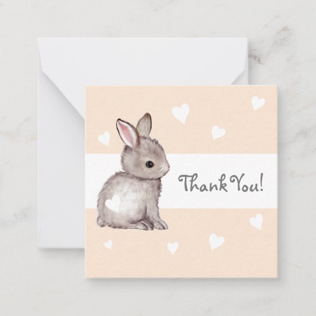 Peach Heart Bunny Baby Shower Thank You Notecards (Front)
