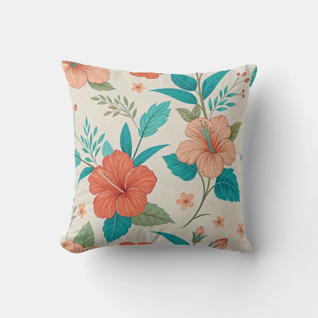 Peach Hibiscus Floral Cushion (Front)