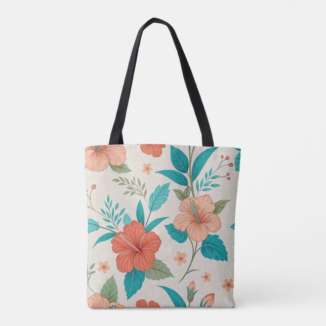 Peach Hibiscus Floral Tote Bag (Back)