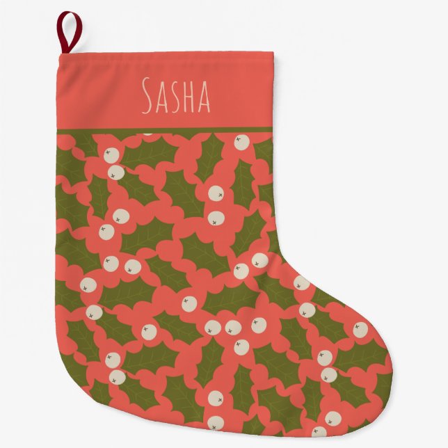 Peach Holly Personalised Christmas  Large Christmas Stocking (Front)