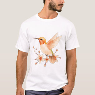 Peach Hummingbird with Flower Motifs T-Shirt