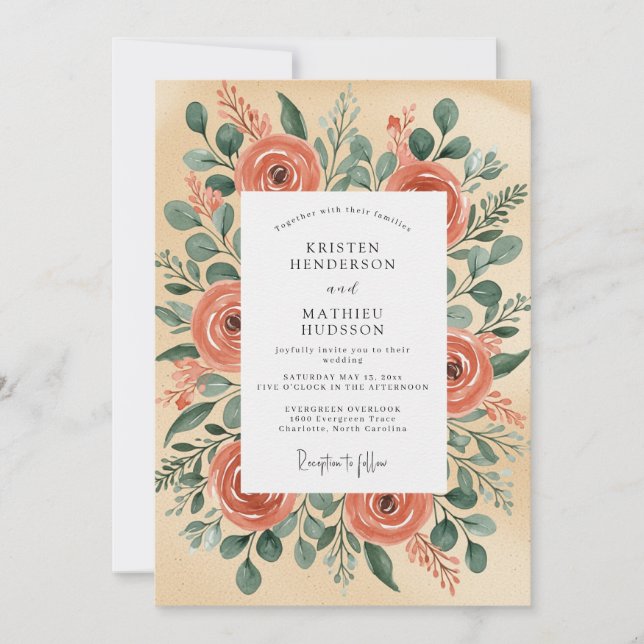 Peach Illustrative Rustic Wedding Invitation (Front)