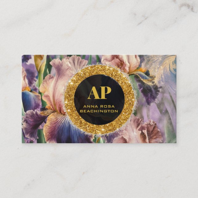 *~ PEACH Iris QR AP10 Flowers Gold Business Card (Front)