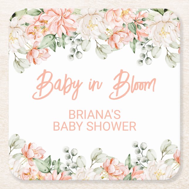 Peach Ivory Beige Neutral Baby Shower Square Paper Coaster (Front)