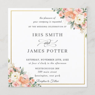 Peach Ivory Blush Floral Gold Wedding Square Invitation