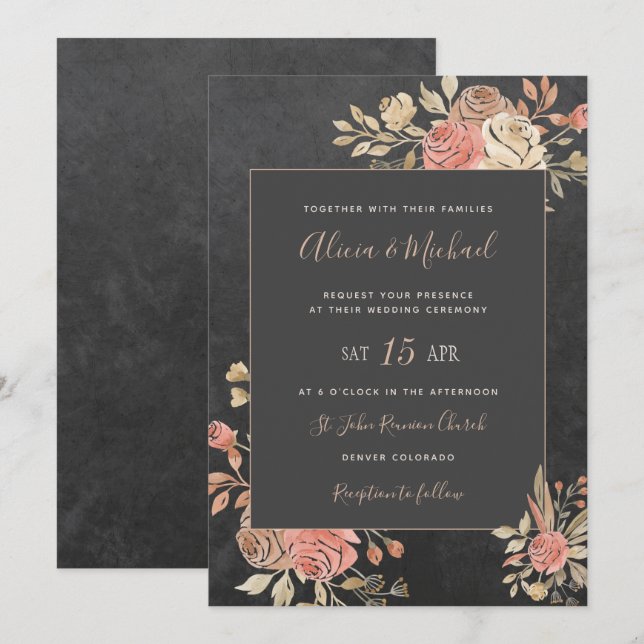 Peach Ivory Blush Moody Floral Dark Grey Wedding Invitation (Front/Back)