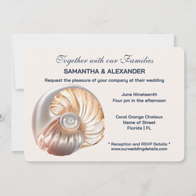Peach Ivory Conch Shell Elegant Wedding  Invitation (Front)