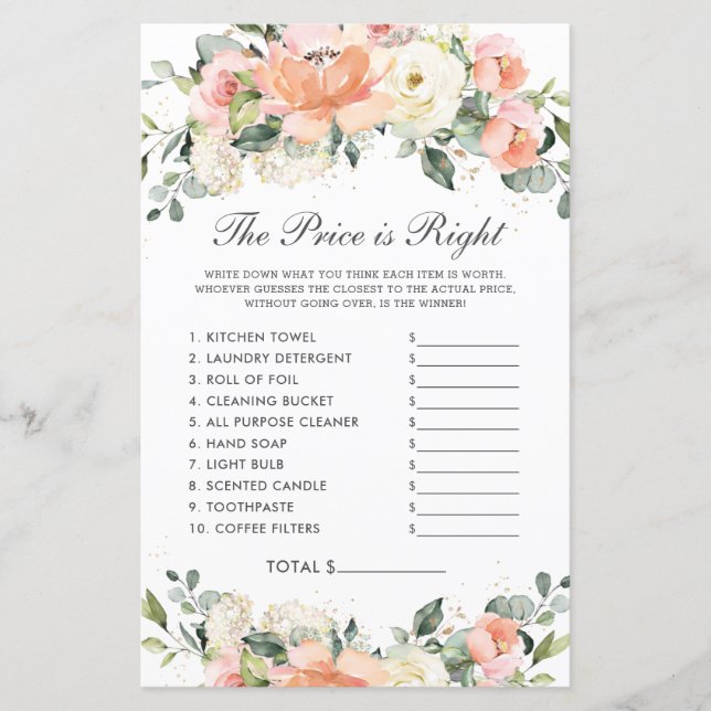 Peach Ivory Floral Shower Price is Right Game (Front)