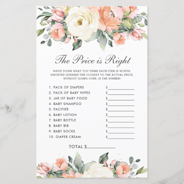 Peach Ivory Floral Shower The Price is Right Game (Front)