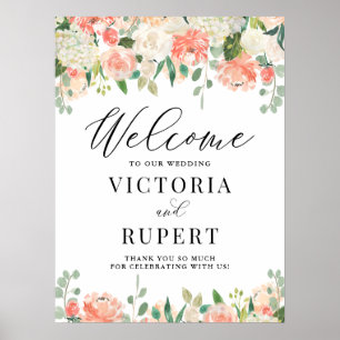Peach Ivory Peony and Hydrangea Wedding Welcome Poster