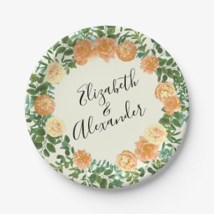 Peach & Ivory Peony & Rose Floral Wedding Paper Plate