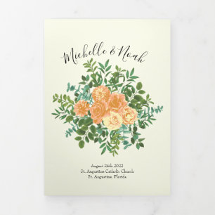 Peach & Ivory Peony & Rose Floral Wedding Programs Tri-Fold Programme