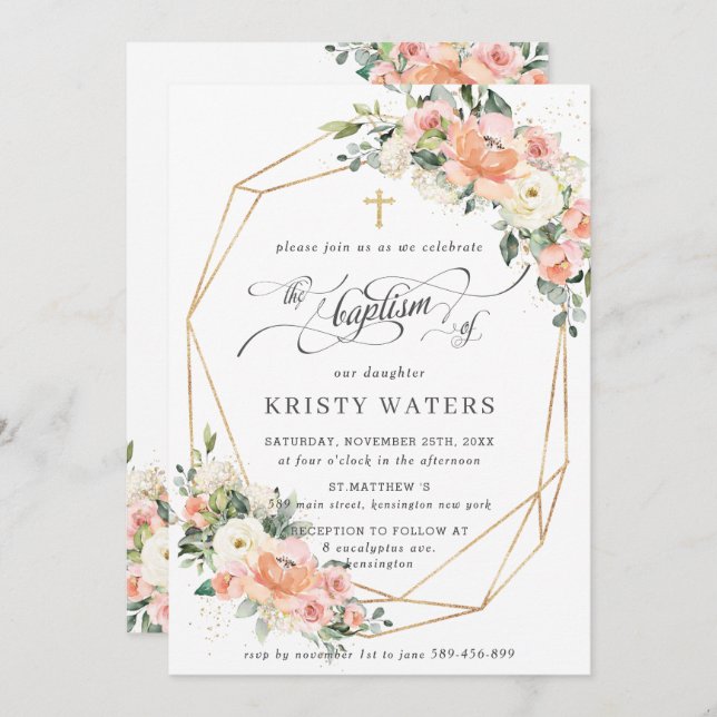 Peach Ivory Pink Floral Greenery Baptism Geometric Invitation (Front/Back)