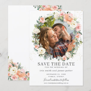 Peach Ivory Pink Floral Photo Save the Date Card