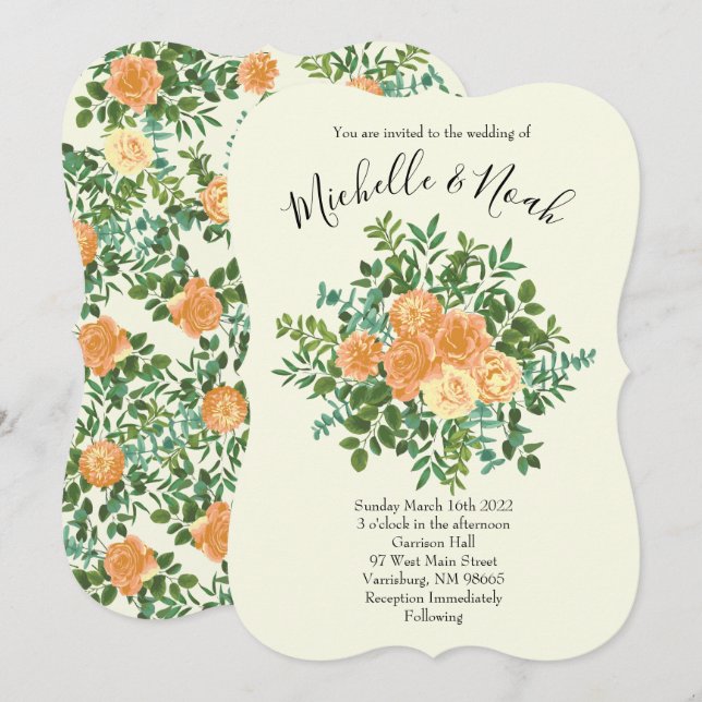 Peach Ivory Wedding Vintage Rose Invitation (Front/Back)