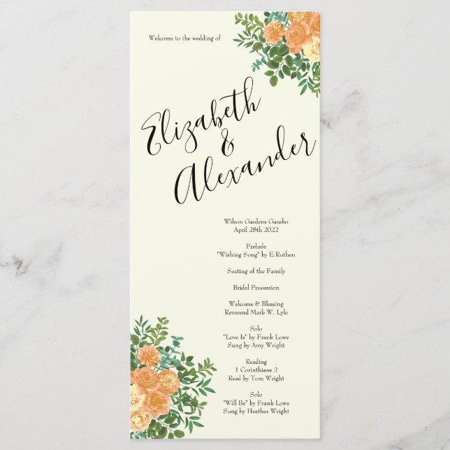 Peach Ivory Wedding Vintage Rose Menu (Front)