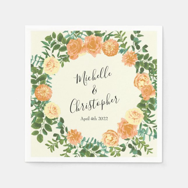 Peach Ivory Wedding Vintage Rose Napkin (Front)