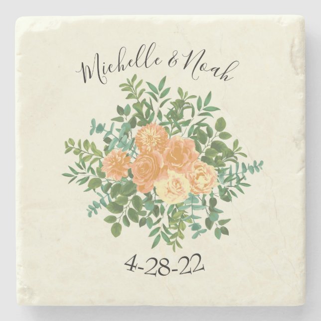 Peach Ivory Wedding Vintage Rose Stone Coaster (Front)