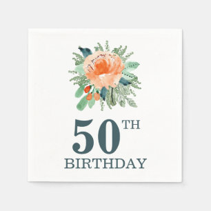 Peach Jade Teal Floral Watercolor Birthday Napkin