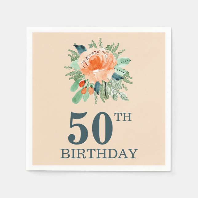 Peach Jade Teal Floral Watercolor Birthday Napkin (Front)