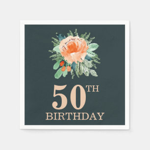 Peach Jade Teal Floral Watercolor Birthday Napkin