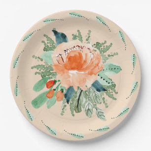 Peach Jade Teal Floral Watercolor Birthday Paper Plate