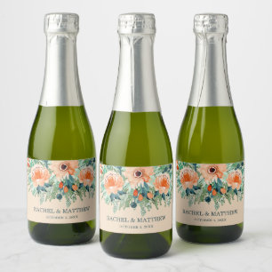 Peach Jade Teal Floral Watercolor Wedding Mini Sparkling Wine Label