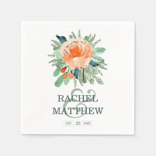 Peach Jade Teal Floral Watercolor Wedding Napkin